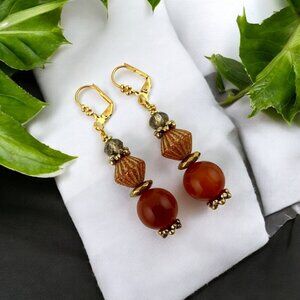 Natural Carnelian Earrings Tangerine Swirl Czech Glass 14KT Gold Plated NWT